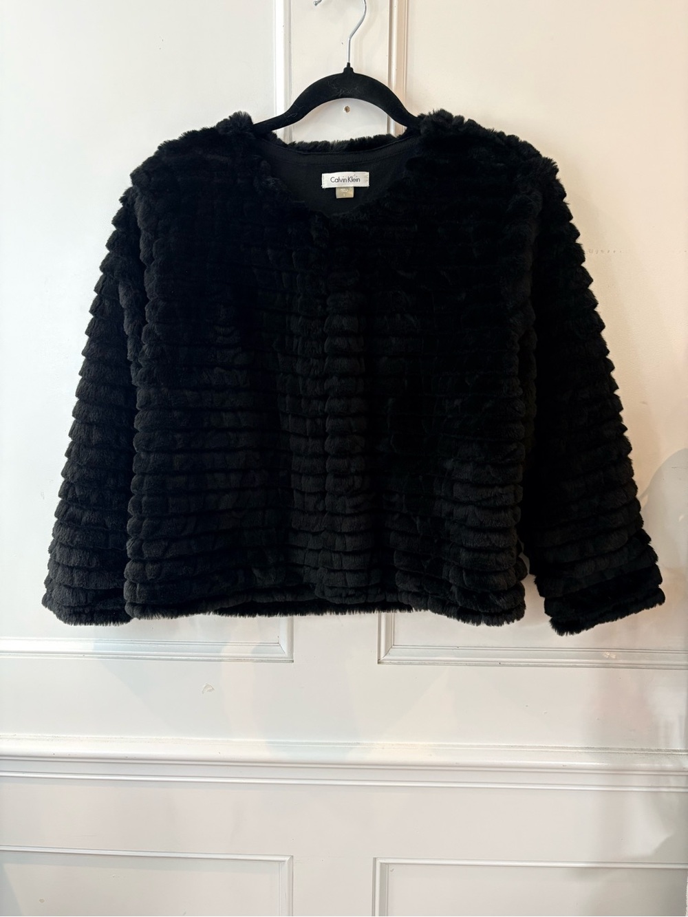 Calvin Klein Black Plush Faux-Fur collarless cutie Jacket